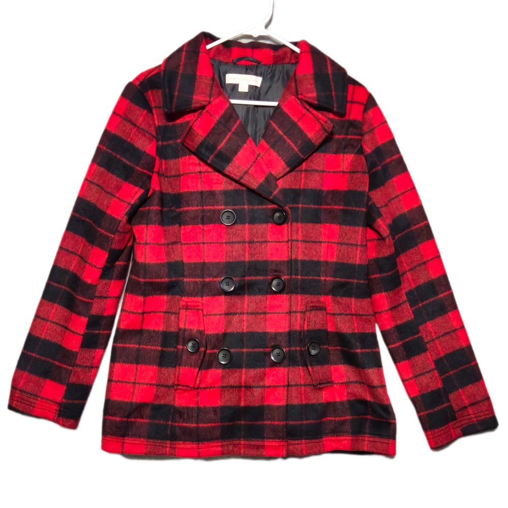 NY&Co Pea Coat Womens Medium Red Black Buffalo Plaid Double Breasted Jacket